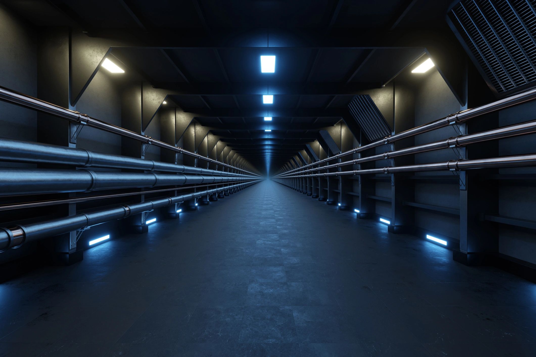Futuristic engineered corridor with advanced systems